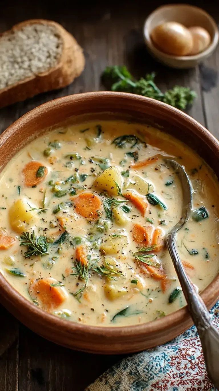 A bowl of smooth golden vegetable soup garnished with fresh parsley and served with bread