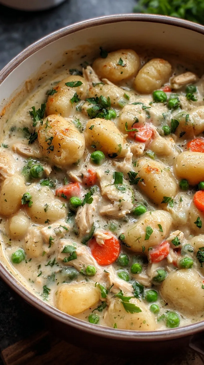 A large pot of creamy chicken pot pie with potato gnocchi, orange carrots, and green peas, garnished with fresh parsley.