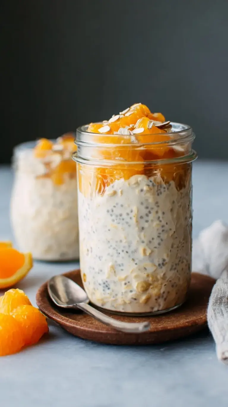 A glass jar filled with creamy orange and vanilla overnight oats topped with fresh orange zest.