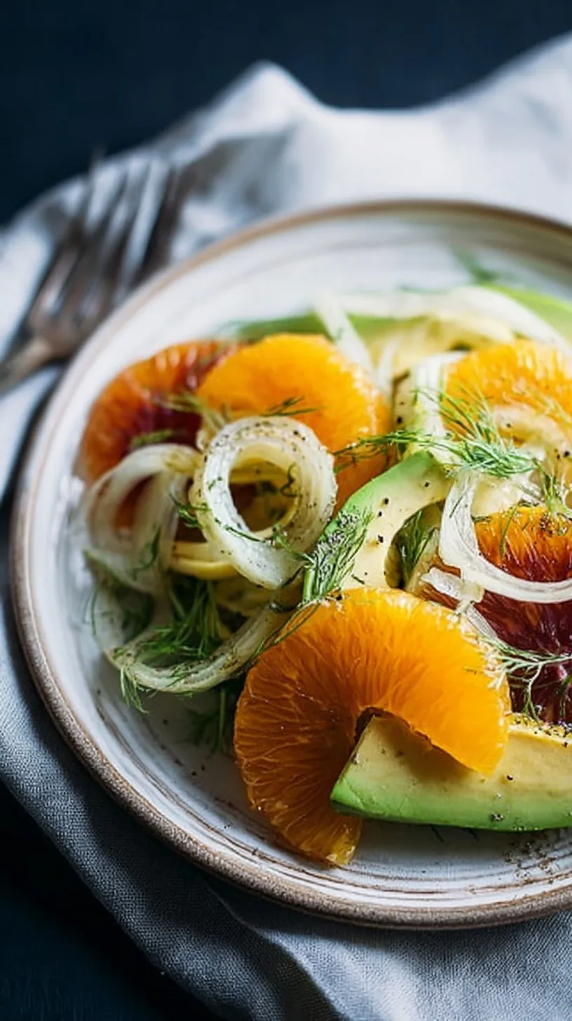 A vibrant platter of orange segments, thinly shaved fennel, and sliced avocado with fresh mint.