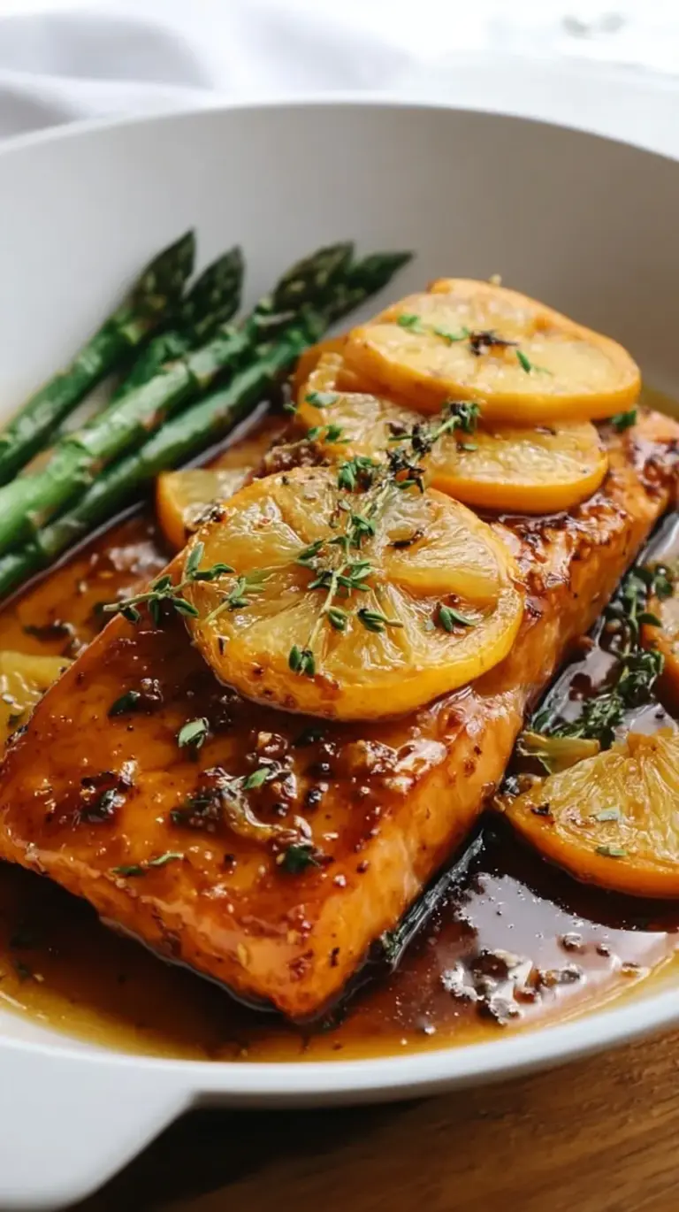 A beautifully baked orange glazed salmon fillet on a white plate with fresh orange slices and parsley garnish.