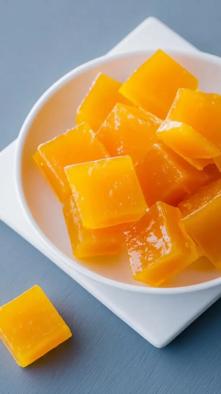Bright orange and yellow mango gelatin gummies in fun shapes on a white plate.