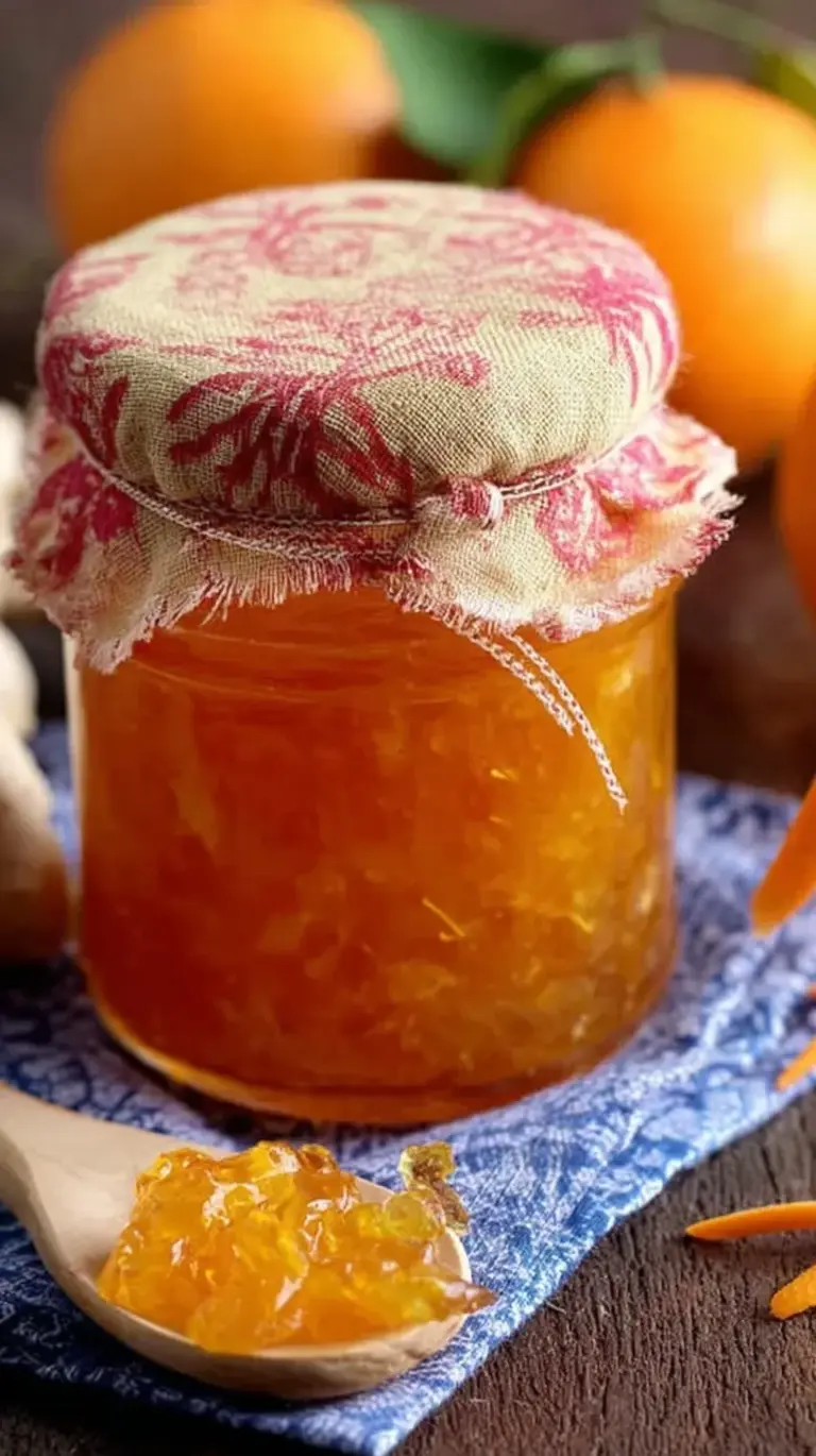A glass jar of translucent orange marmalade with thin strips of citrus peel on a wooden table.