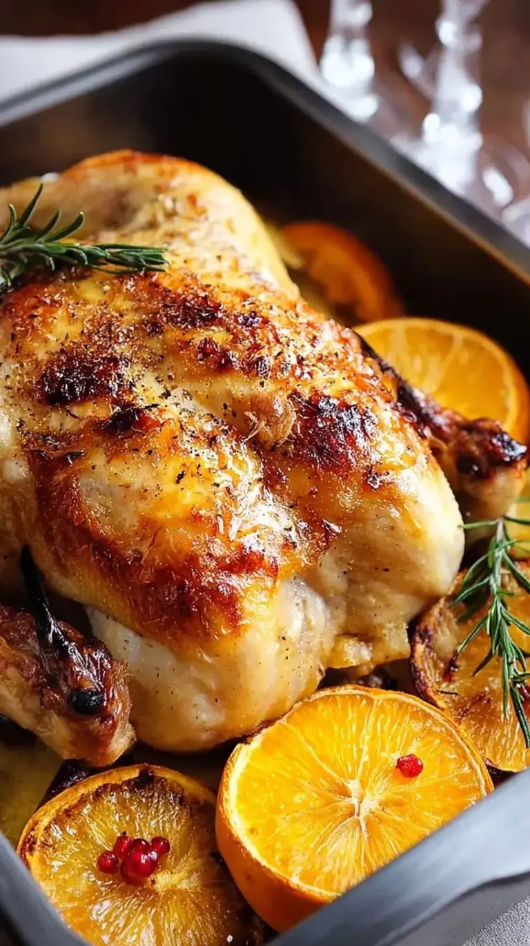A whole golden brown orange roasted chicken on a wooden carving board garnished with orange slices and fresh thyme.