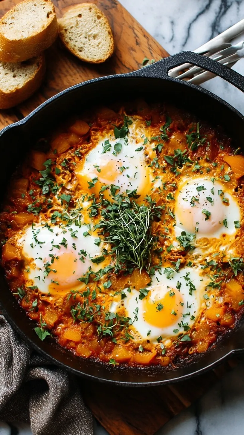A skillet of Golden Orange Shakshuka with butternut squash, eggs, and feta cheese