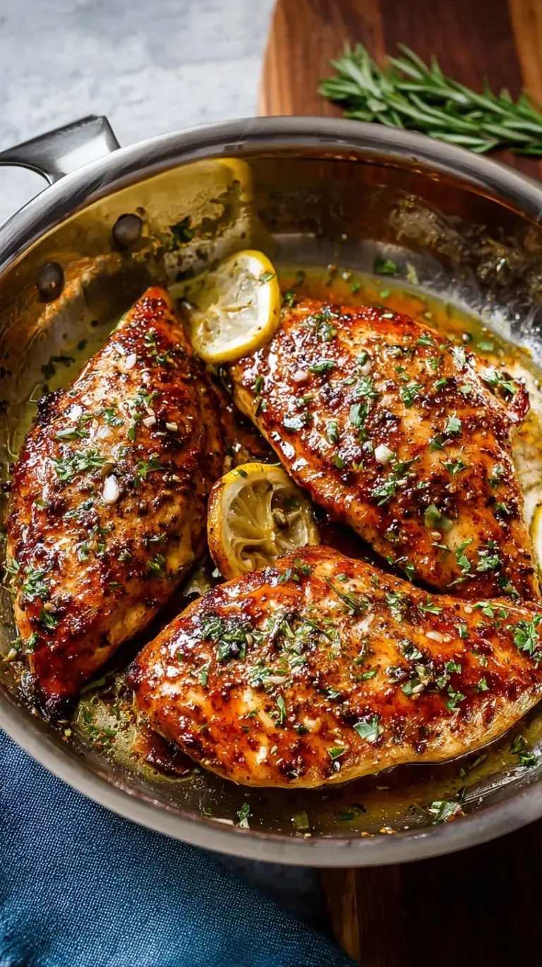 Four seasoned and golden oven-baked chicken breasts resting in a glass baking dish.