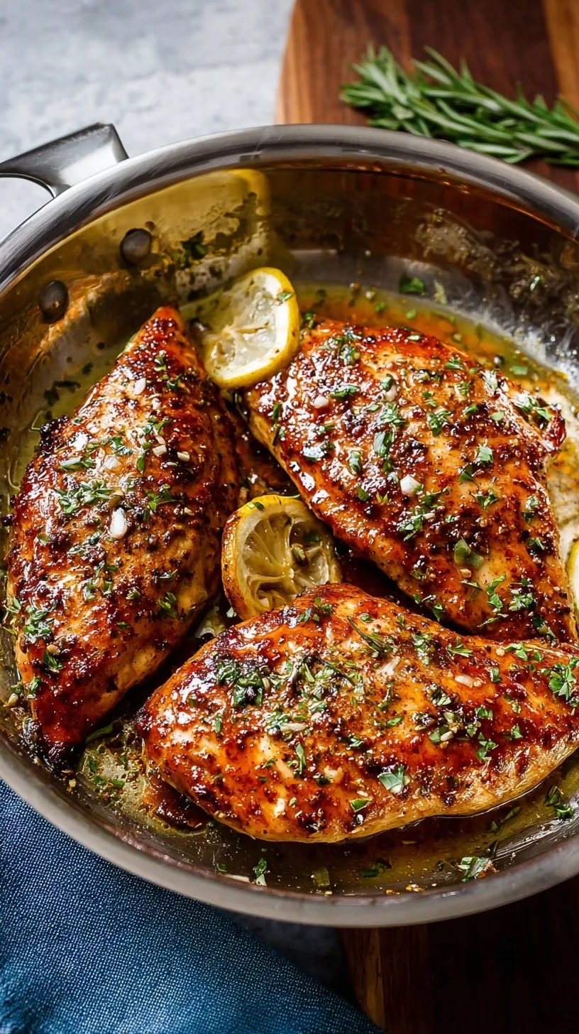 Four seasoned and golden oven-baked chicken breasts resting in a glass baking dish.