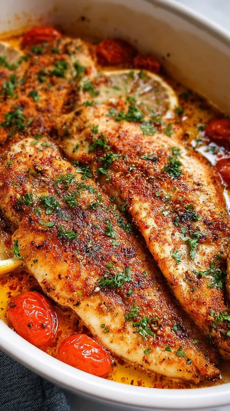 Four seasoned oven baked tilapia fillets garnished with fresh parsley on a baking sheet