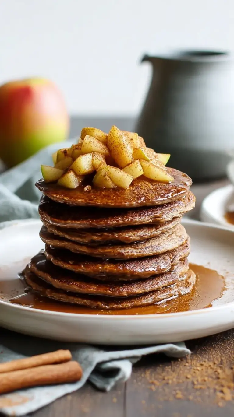 Fluffy Paleo Apple Cinnamon Pancakes stacked high with sliced apples and a drizzle of maple syrup.