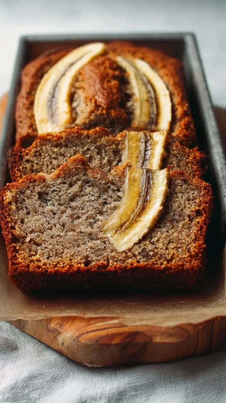 A golden loaf of paleo banana bread sliced on a wooden board with a white linen napkin.