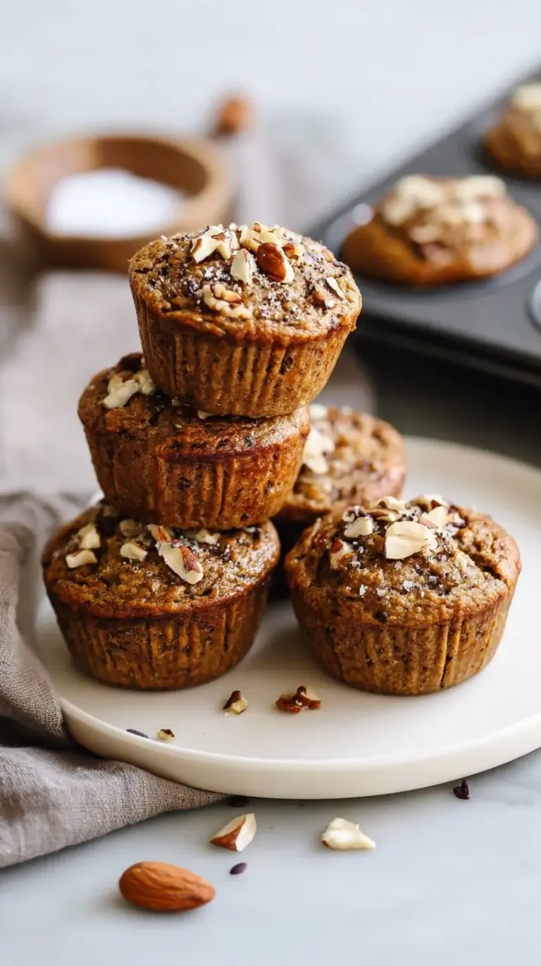 A stack of golden brown paleo banana nut muffins topped with crunchy walnuts on a wire rack.