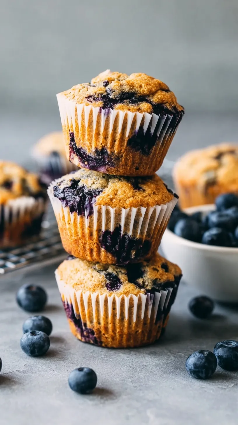 A close-up of golden-brown Paleo Blueberry Muffins with fresh blueberries, cooling on a wire rack.
