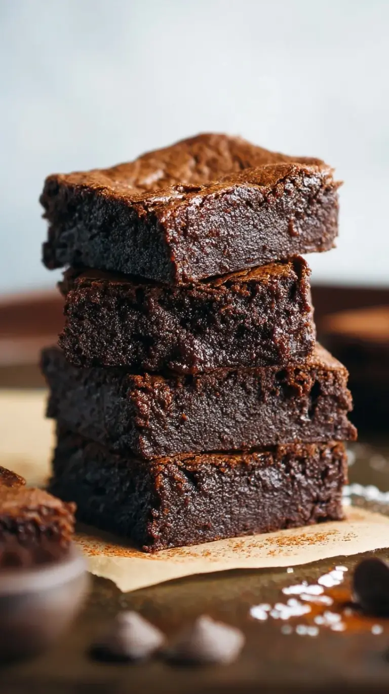 A stack of rich fudgy paleo brownies with a crackly top on parchment paper