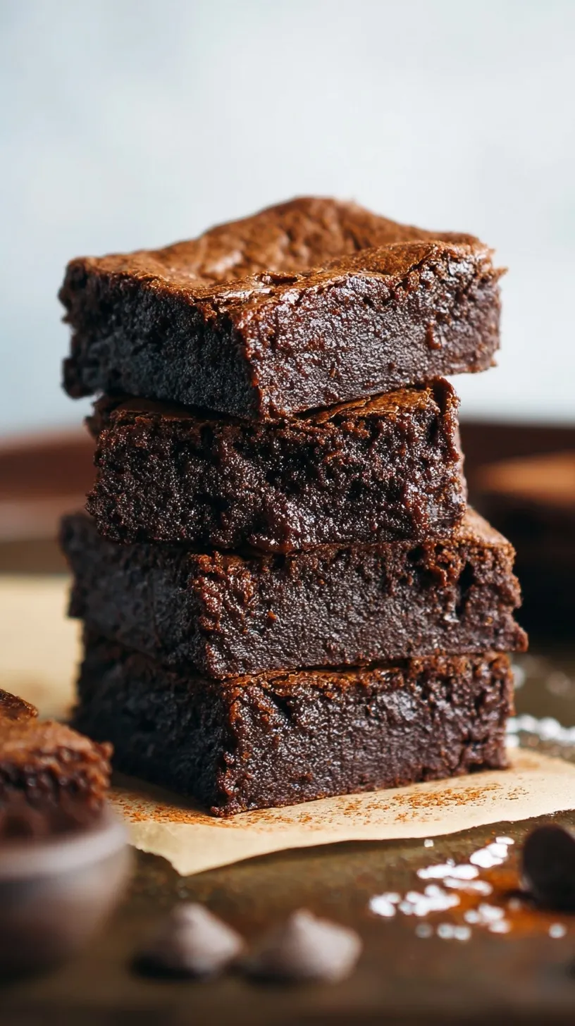 A stack of rich fudgy paleo brownies with a crackly top on parchment paper