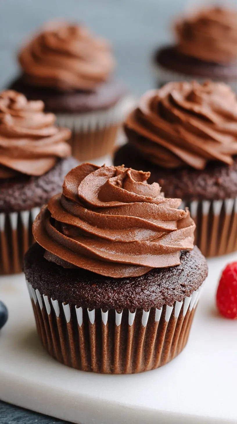 Moist Paleo chocolate cupcakes topped with fresh berries on a white plate