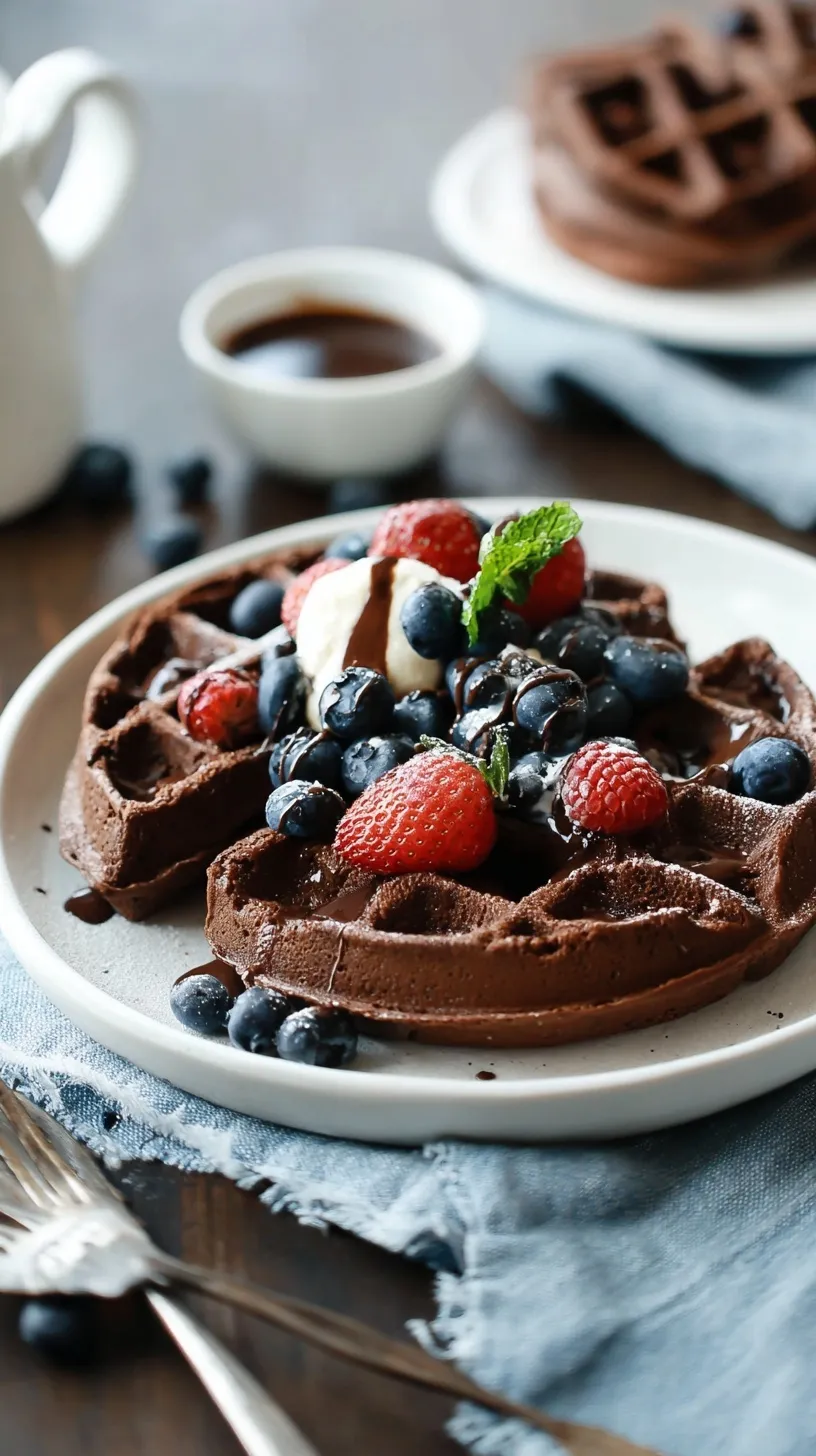 A stack of crispy paleo chocolate waffles topped with fresh berries and a drizzle of almond butter on a white plate.