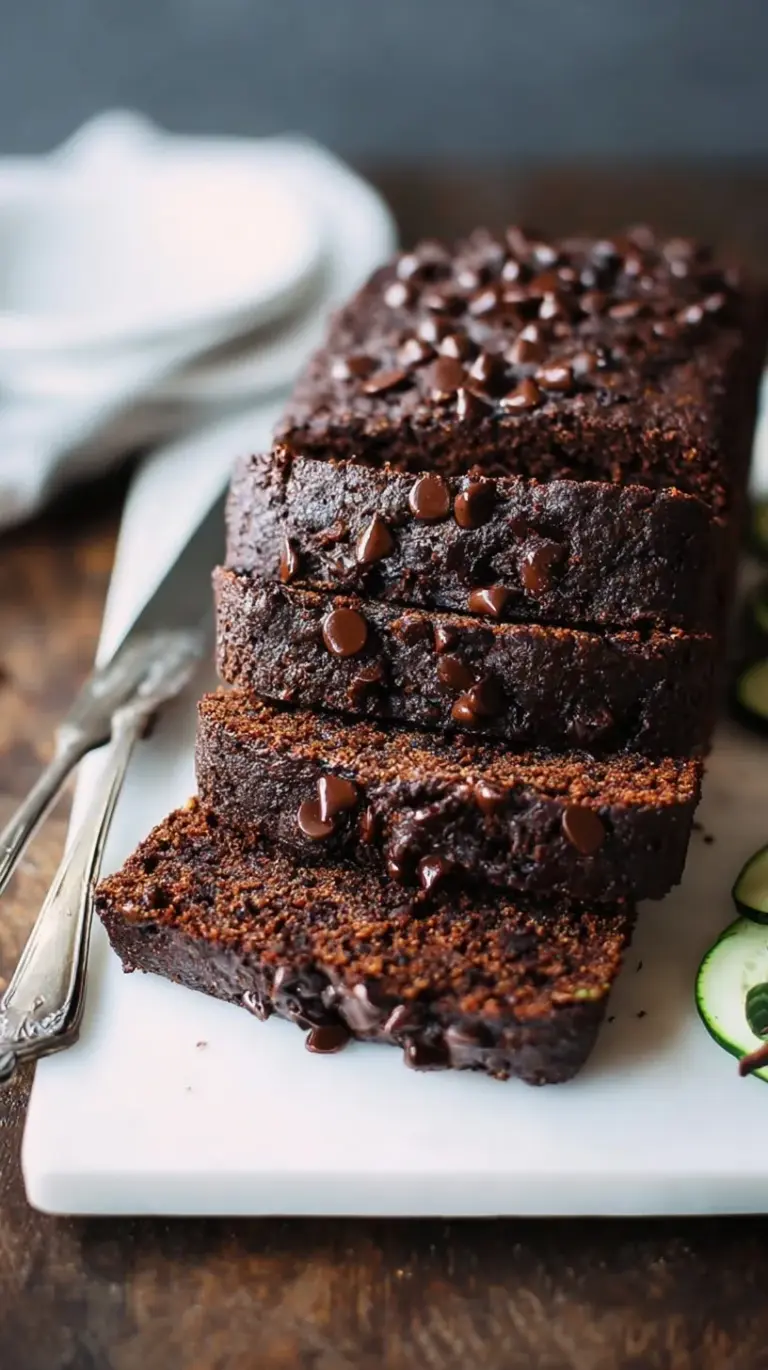 A sliced loaf of dark Paleo Chocolate Zucchini Bread on a wire cooling rack with chocolate chips.