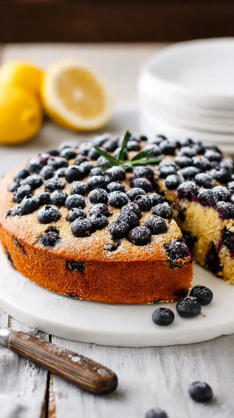 A golden Paleo Lemon Blueberry Cake topped with fresh berries.