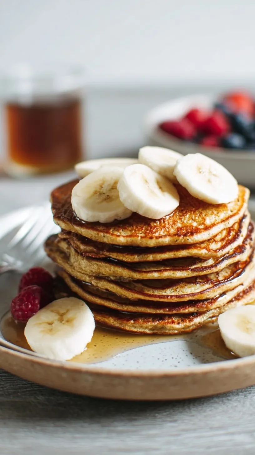 A stack of golden, fluffy paleo pancakes drizzled with maple syrup and fresh berries.