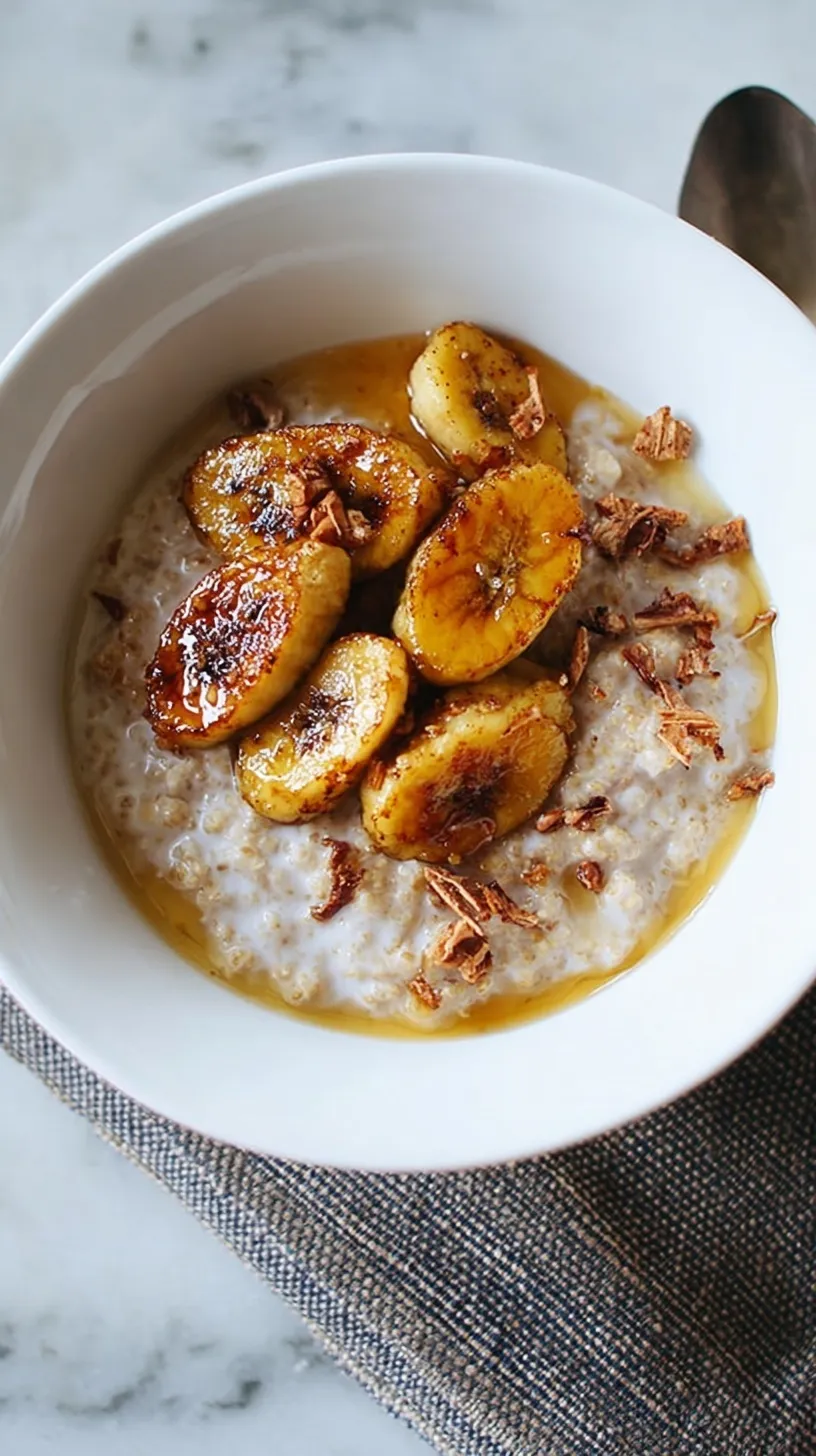 A bowl of creamy nut-based paleo porridge topped with golden caramelized banana slices and cinnamon.