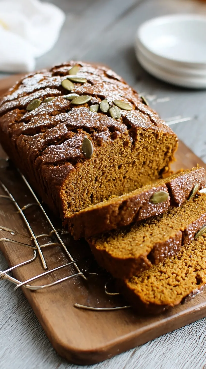 A thick slice of golden paleo pumpkin bread on a wooden board
