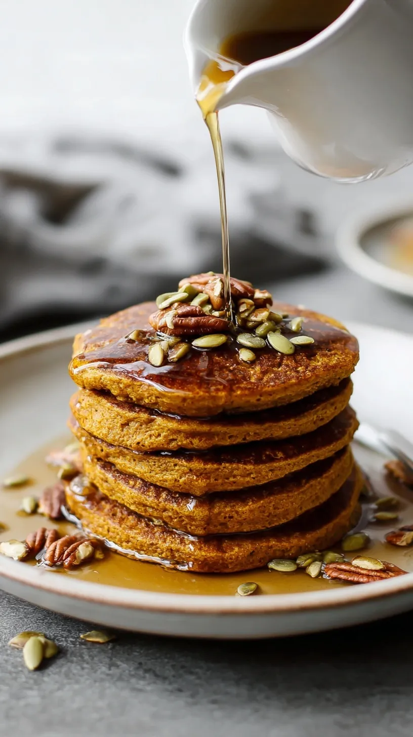 A stack of golden pumpkin pancakes drizzled with ginger maple syrup on a white plate