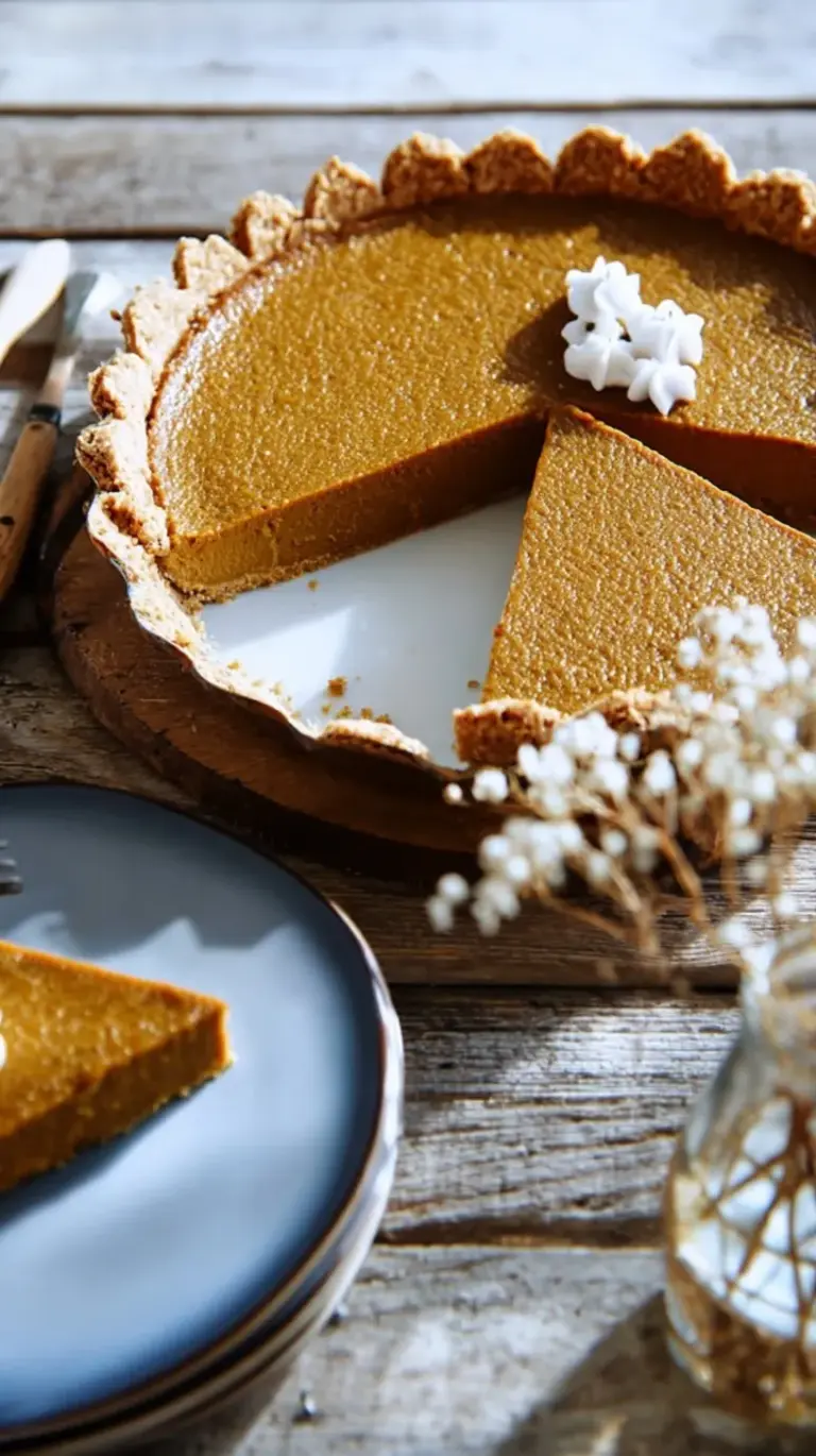 A slice of paleo pumpkin pie with a grain-free crust and creamy filling on a white plate.