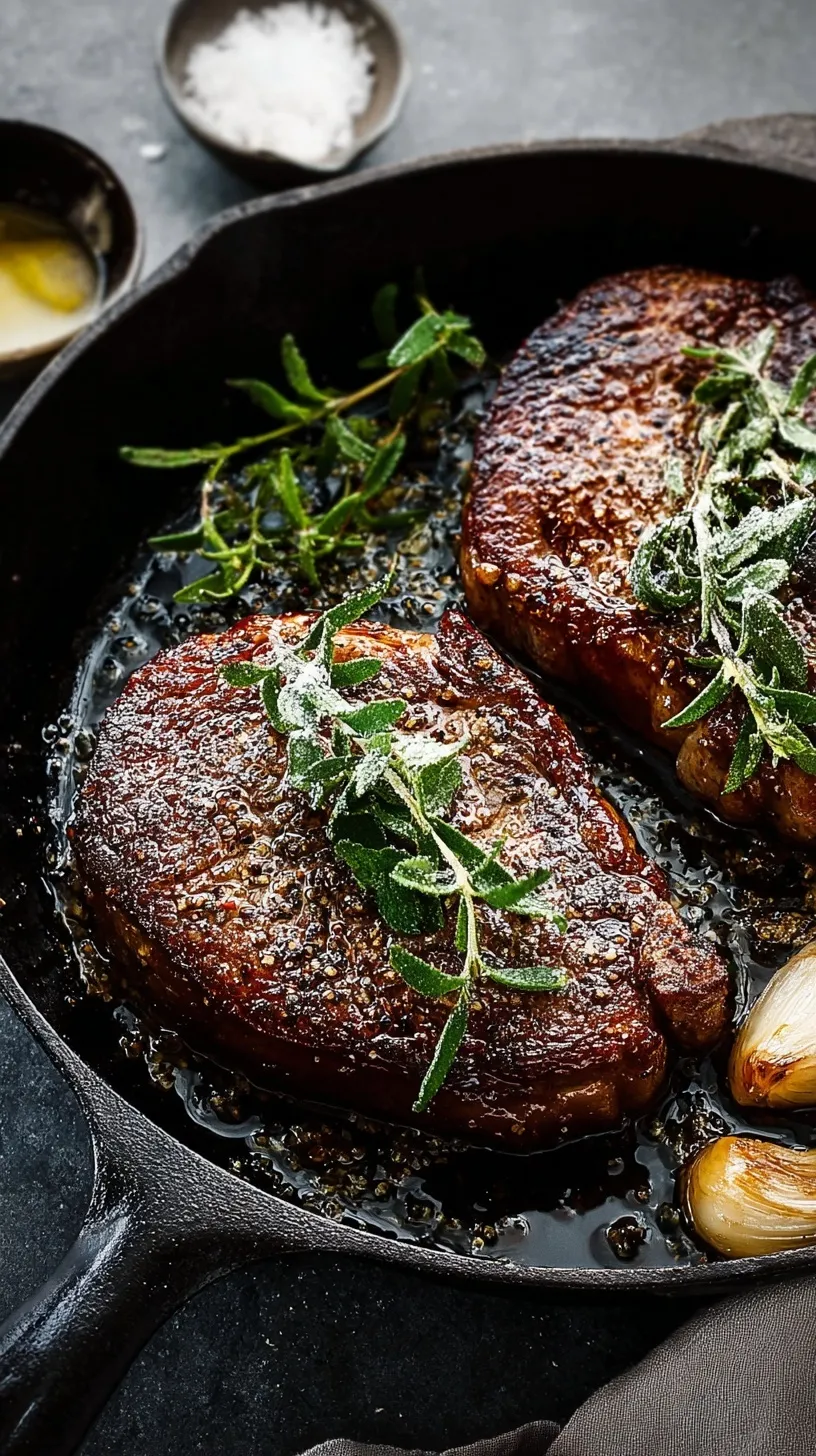 A perfectly cooked pan seared ribeye steak, sliced to show its tender pink interior, resting on a wooden cutting board with herbs.