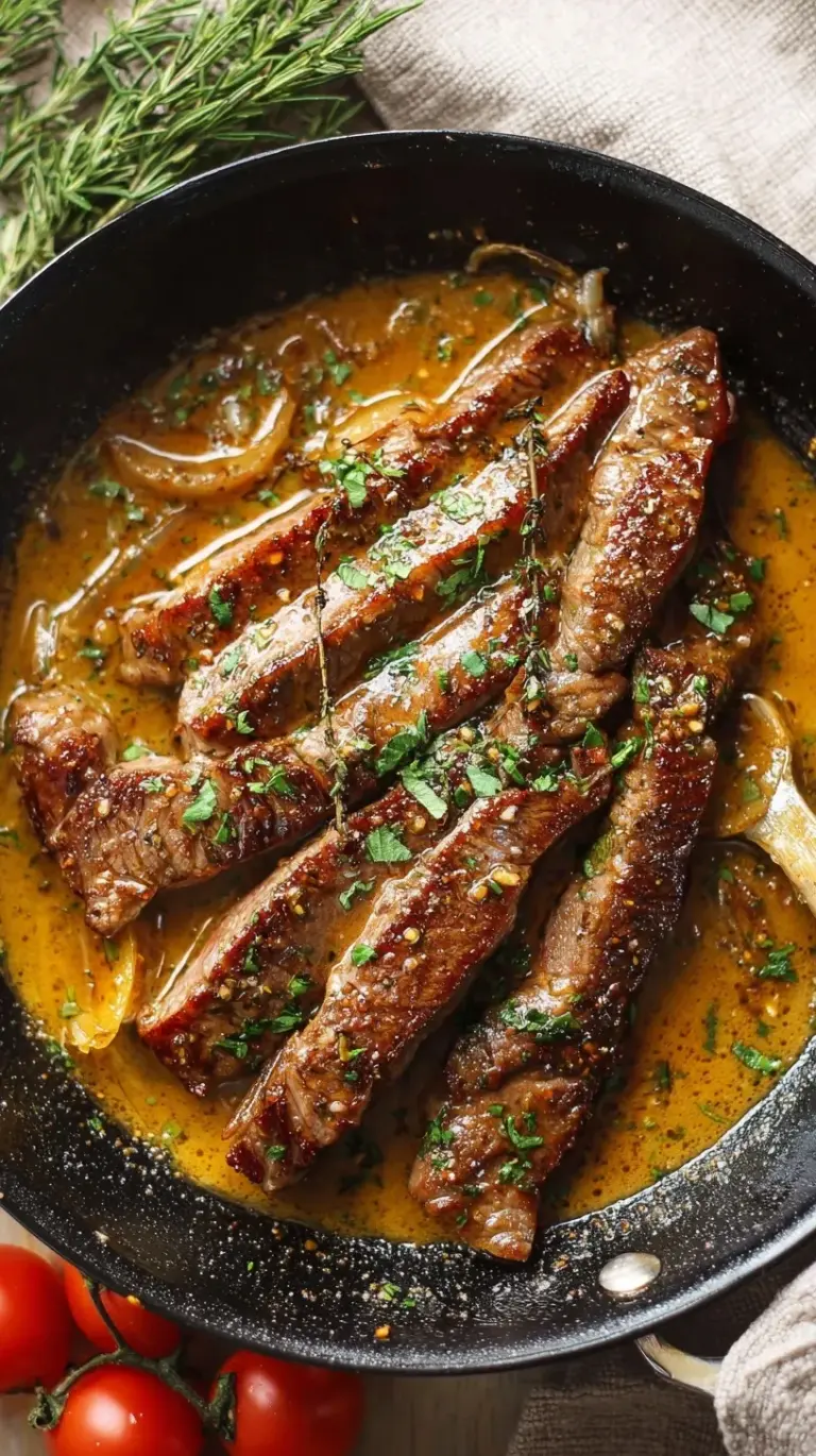 A perfectly seared ribeye steak topped with garlic cloves and fresh thyme sprigs in a cast iron skillet.
