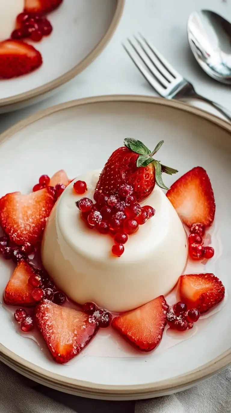 A close-up of a perfectly set vanilla Panna Cotta topped with fresh berries and a mint sprig, ready to be enjoyed.