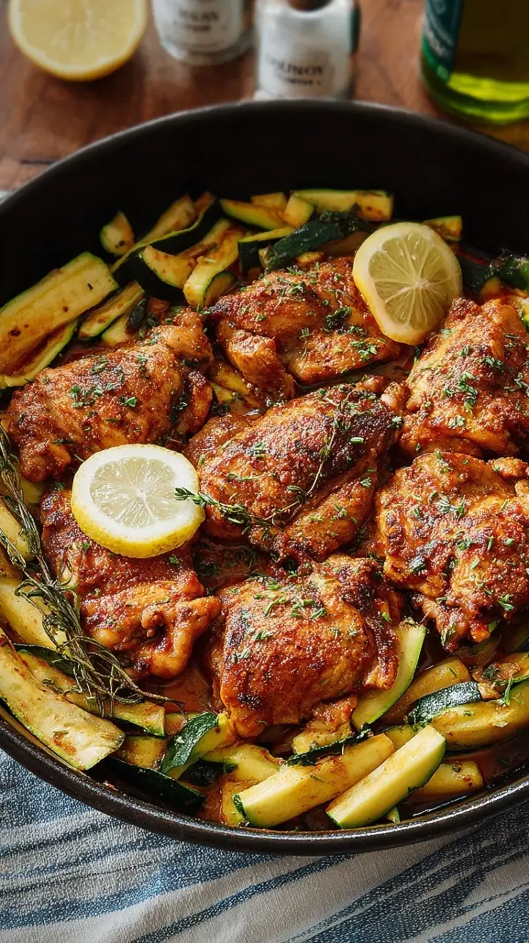 Crispy paprika chicken thighs served in a skillet with sautéed lemon zucchini and fresh parsley.