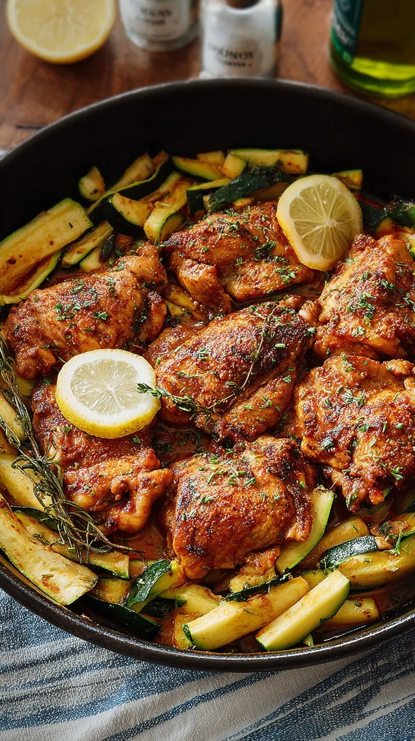 Crispy paprika chicken thighs served in a skillet with sautéed lemon zucchini and fresh parsley.