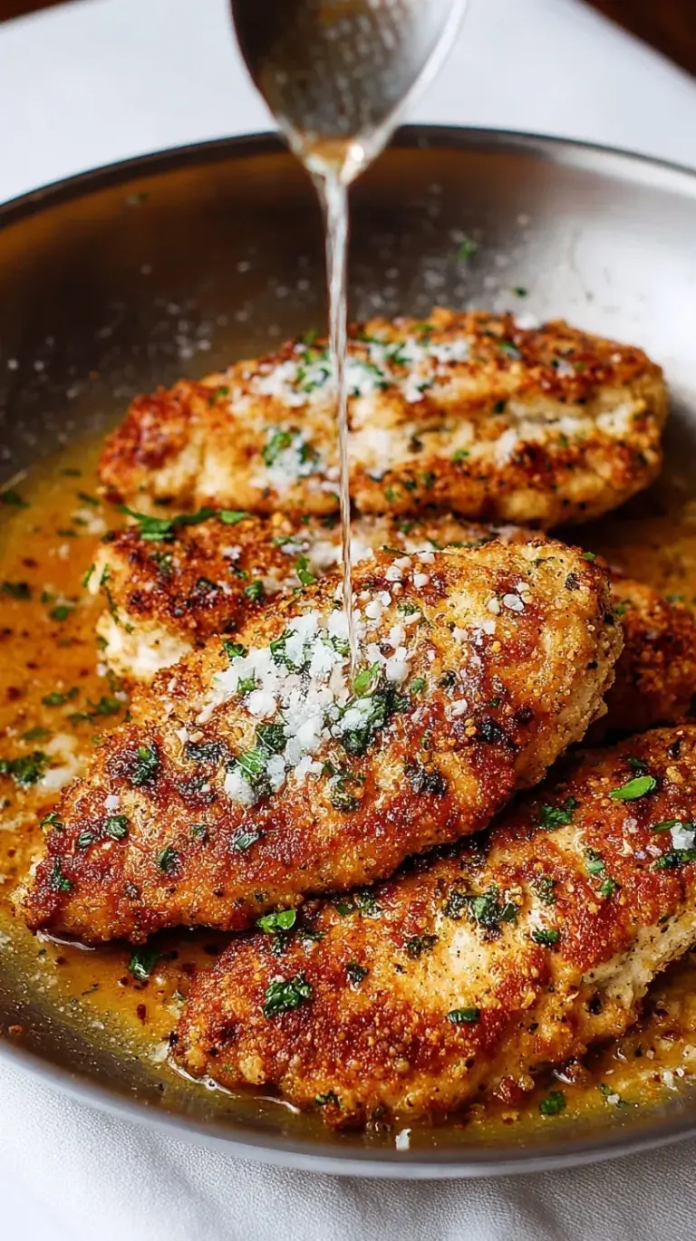 Golden brown crispy chicken parmesan topped with melted mozzarella and red marinara sauce in a skillet