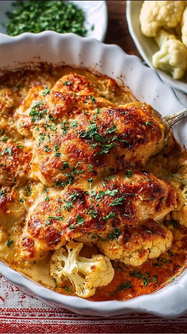 Bubbly Parmesan chicken casserole next to golden roasted cauliflower steaks on a dinner plate.
