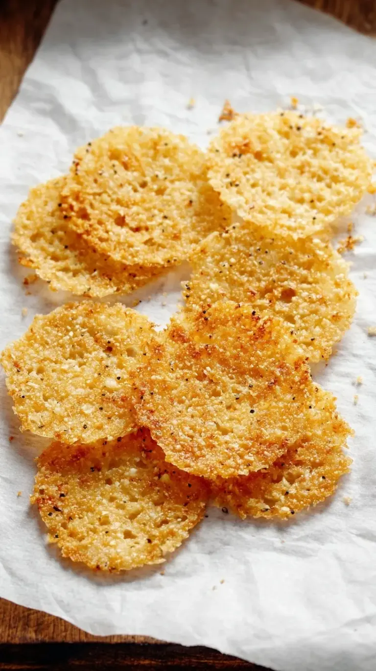 Golden, lacy Parmesan cheese crisps cooling on a wire rack.