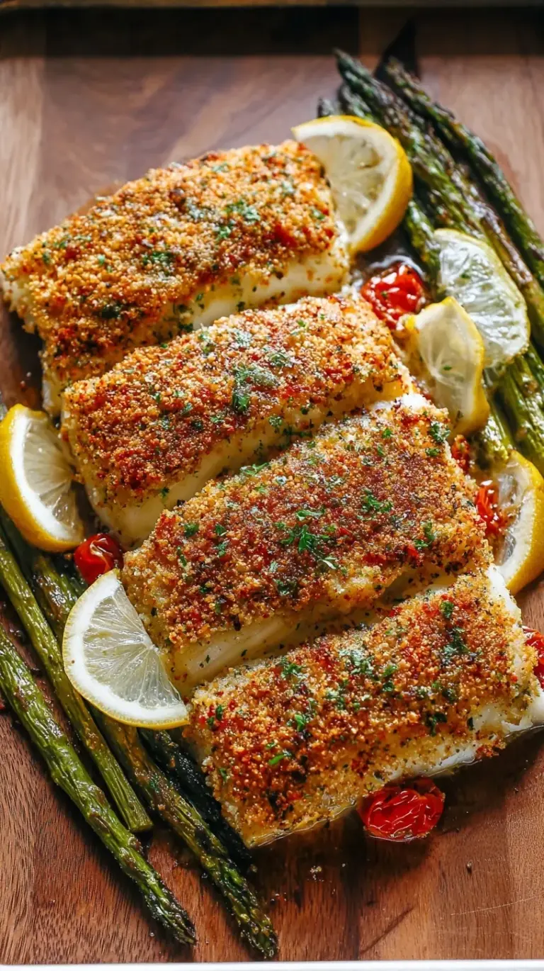 Golden-brown parmesan crusted baked halibut fillets served with fresh lemon wedges on a parchment-lined tray.