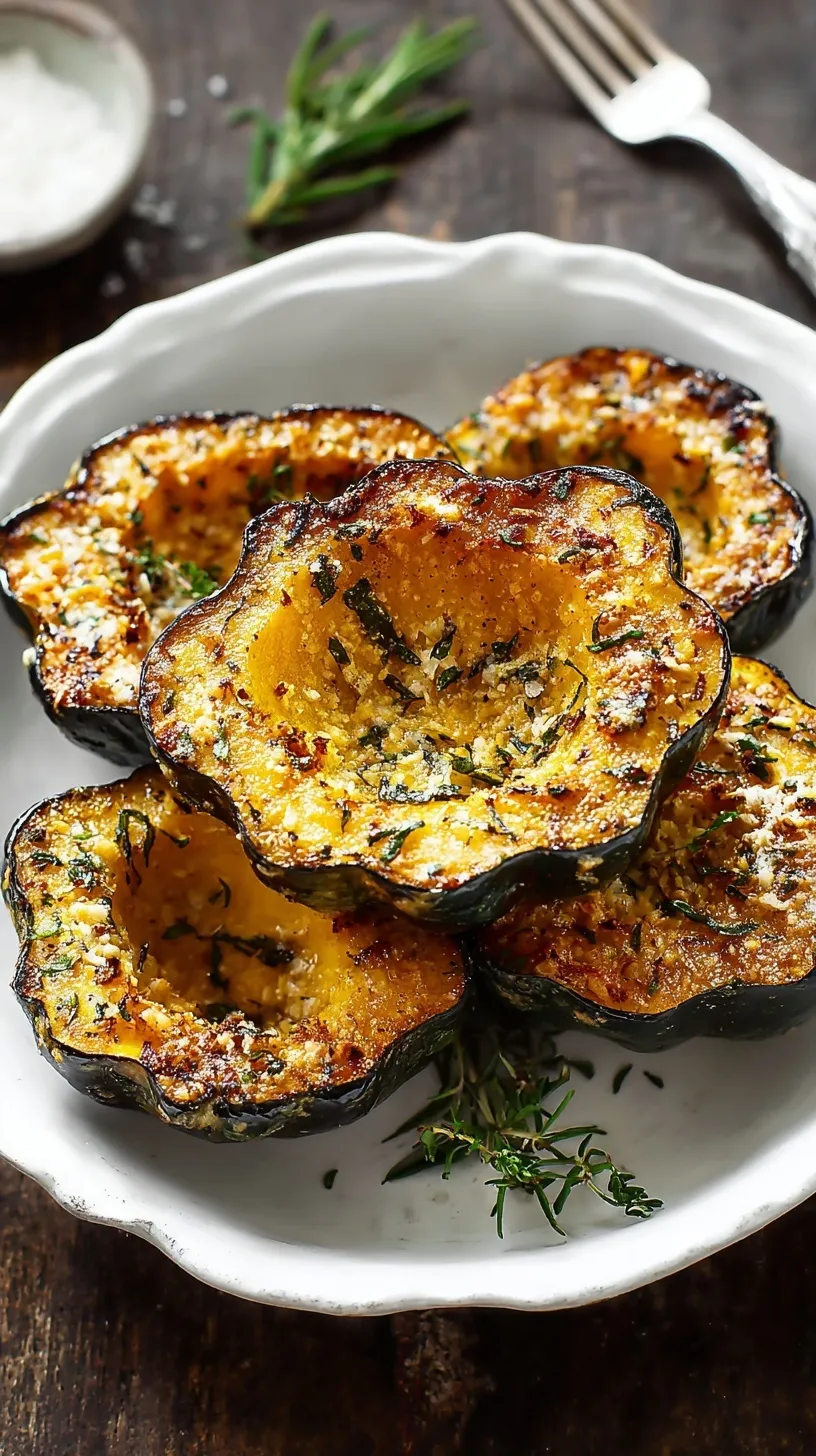 Golden brown roasted acorn squash wedges with melted parmesan cheese and herbs on a baking sheet