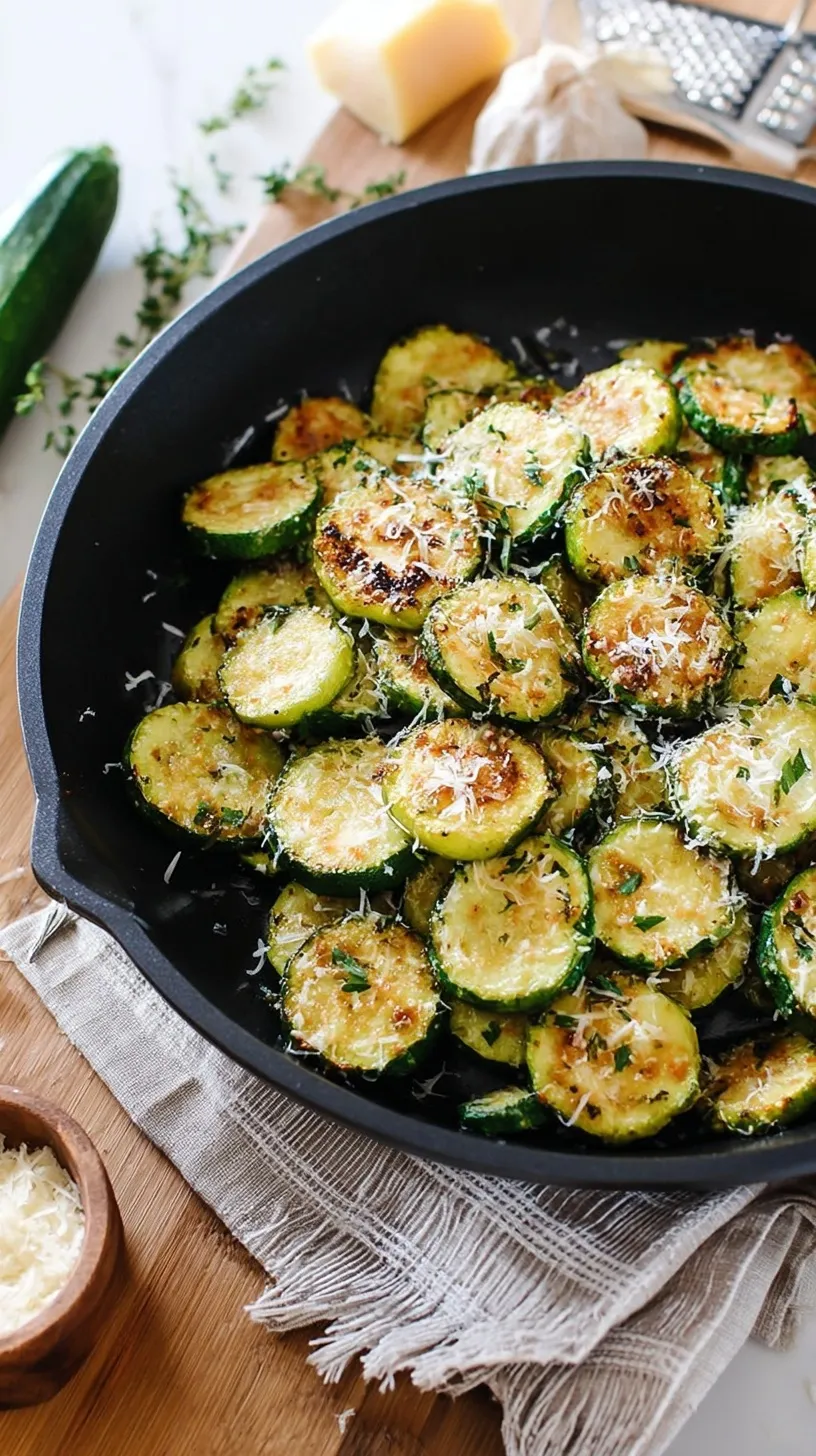 Sautéed golden zucchini rounds topped with grated Parmesan and fresh parsley in a skillet