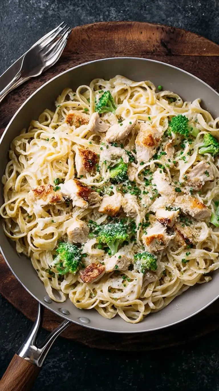 A close-up shot of creamy chicken alfredo served over spiralized parsnip noodles with fresh parsley.