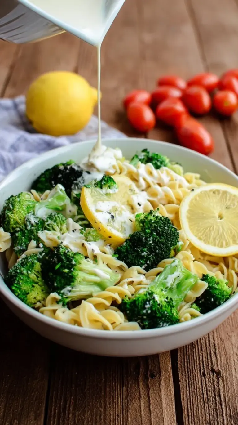 A bright bowl of rotini pasta salad with green broccoli, red cherry tomatoes, and a creamy lemon dressing.