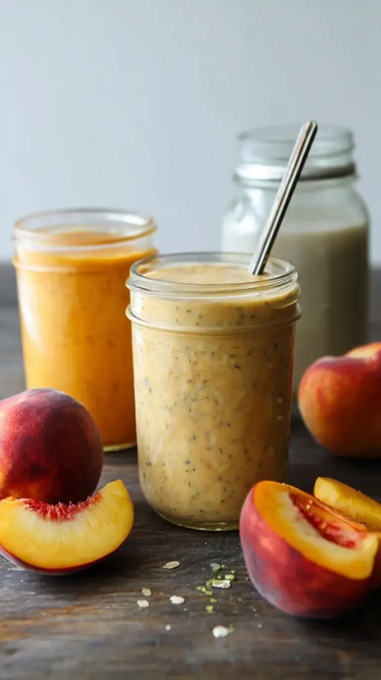 A creamy peach breakfast smoothie in a chilled glass with a sprinkle of cinnamon on top.