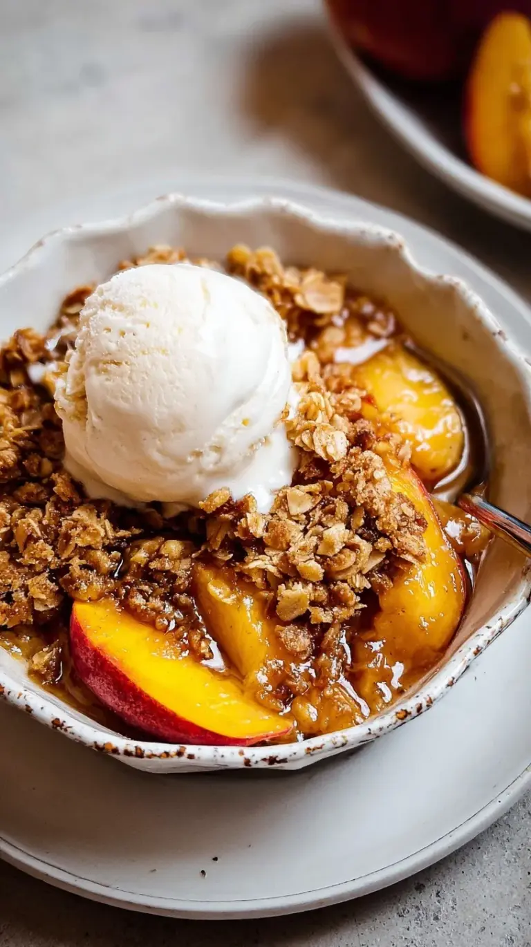 A golden brown peach crisp in a baking dish with a scoop of melting vanilla ice cream