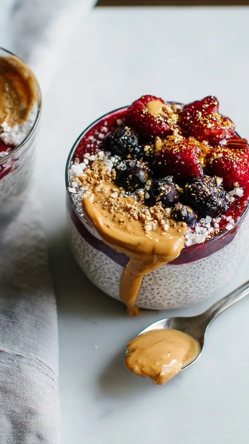 Layered peanut butter chia pudding topped with fresh raspberry compote in a glass jar