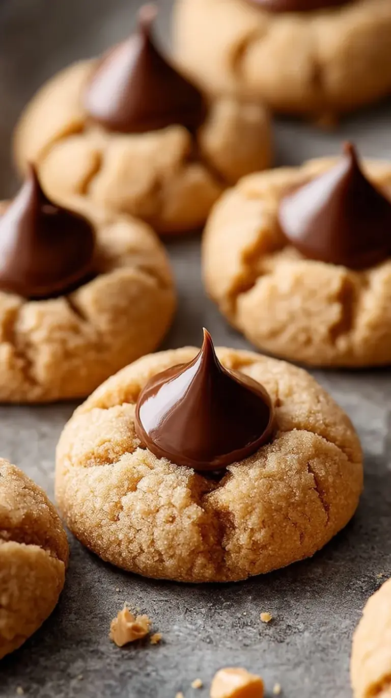 A close-up shot of golden peanut butter blossom cookies with chocolate kisses on a cooling rack.