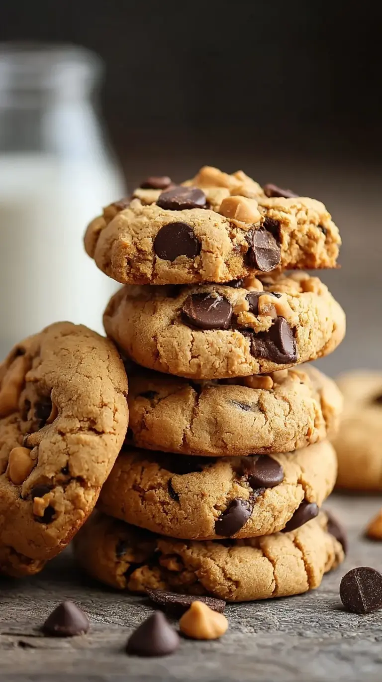 A stack of warm peanut butter chocolate chip cookies on a wire cooling rack