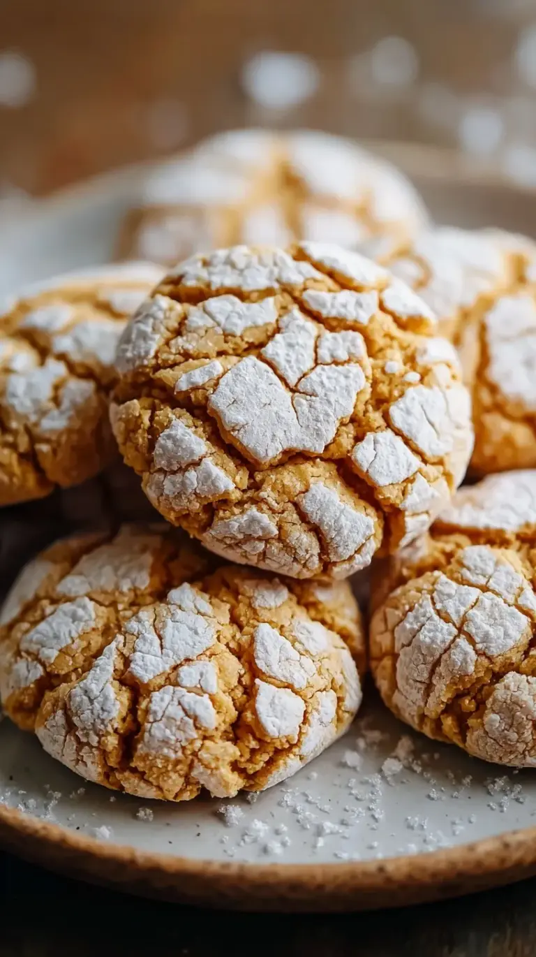 Close up of peanut butter crinkle cookies with a white powdered sugar coating and deep cracks showing the golden cookie underneath.