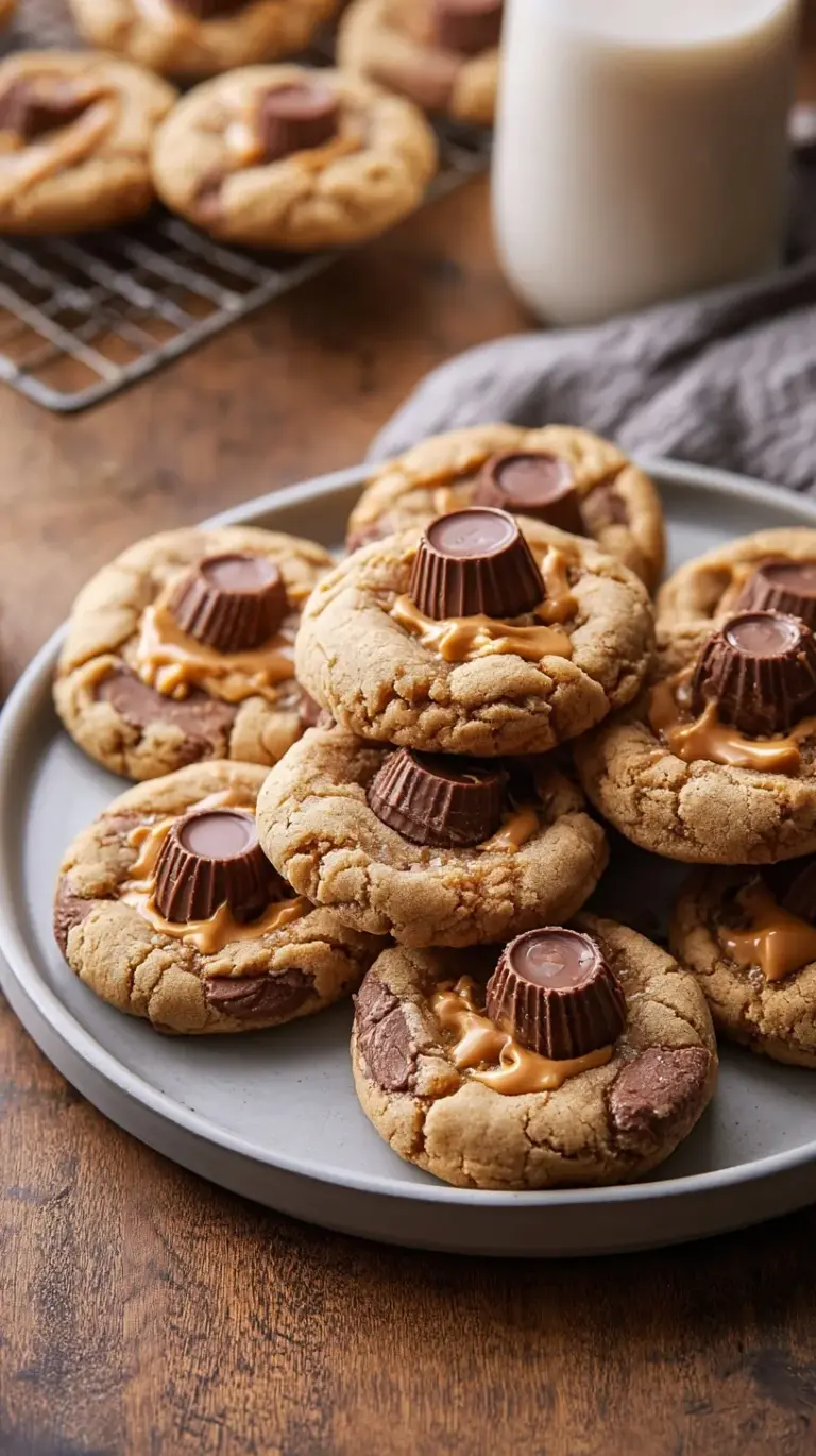 Miniature peanut butter cup cookies cooling in a mini muffin tin