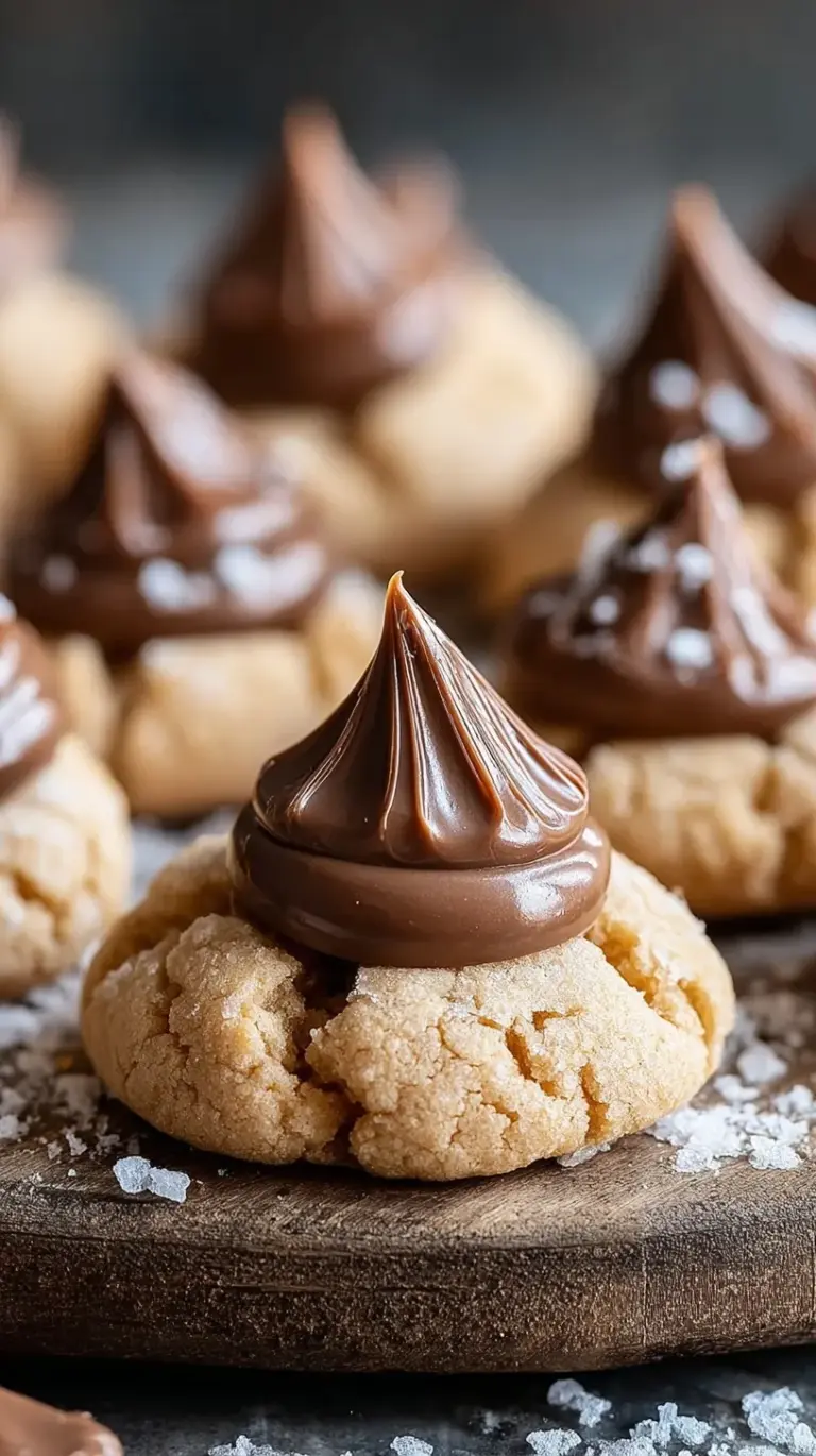 Soft peanut butter cookies topped with milk chocolate kisses on a wire cooling rack.
