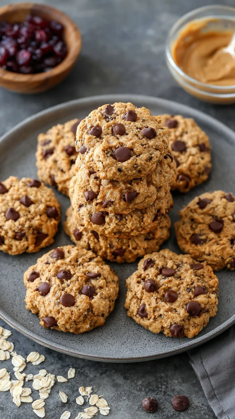 A tray of golden brown peanut butter oatmeal protein cookies with dark chocolate chips