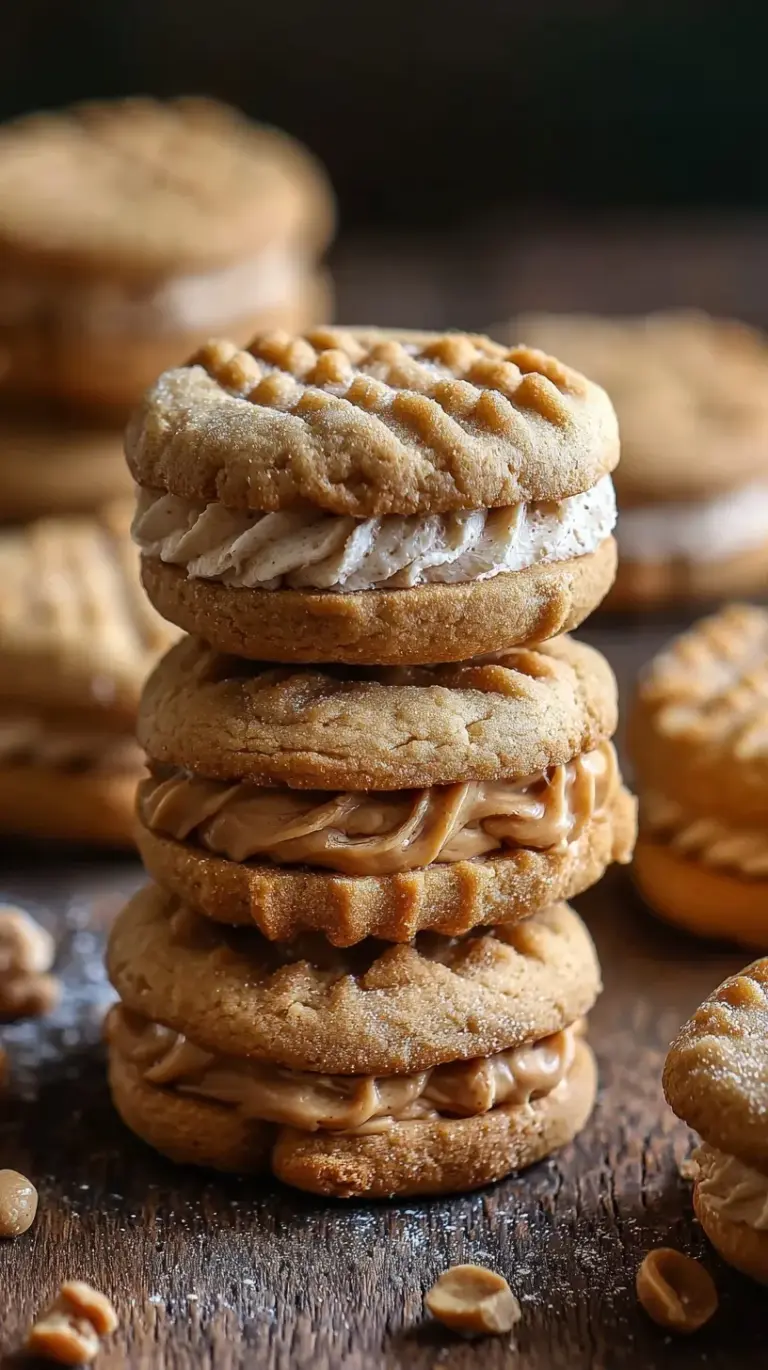 Two golden peanut butter sandwich cookies with a creamy filling on a wire rack.